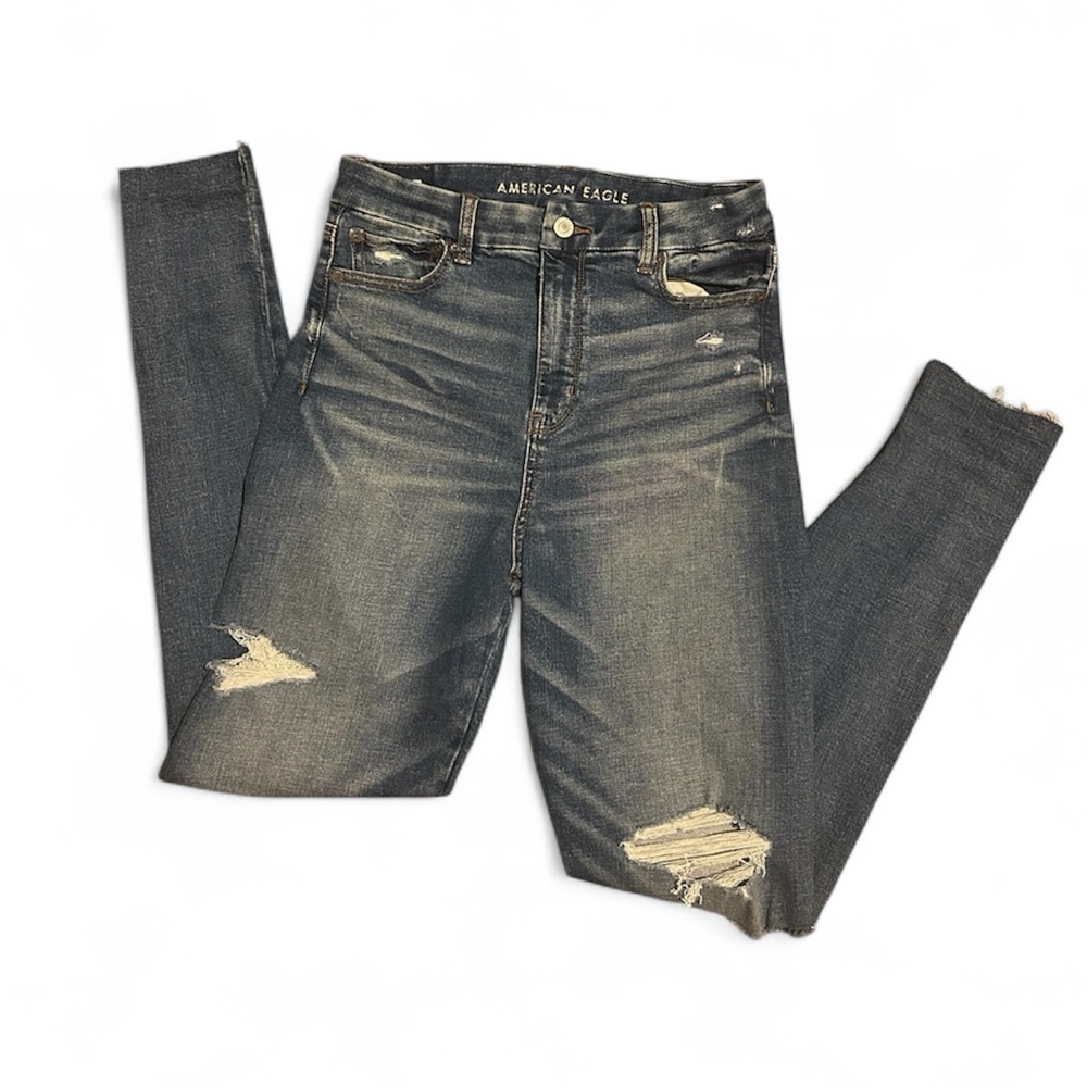 American Eagle Outfitters Women's Dark Blue Ripped Skinny Jeans